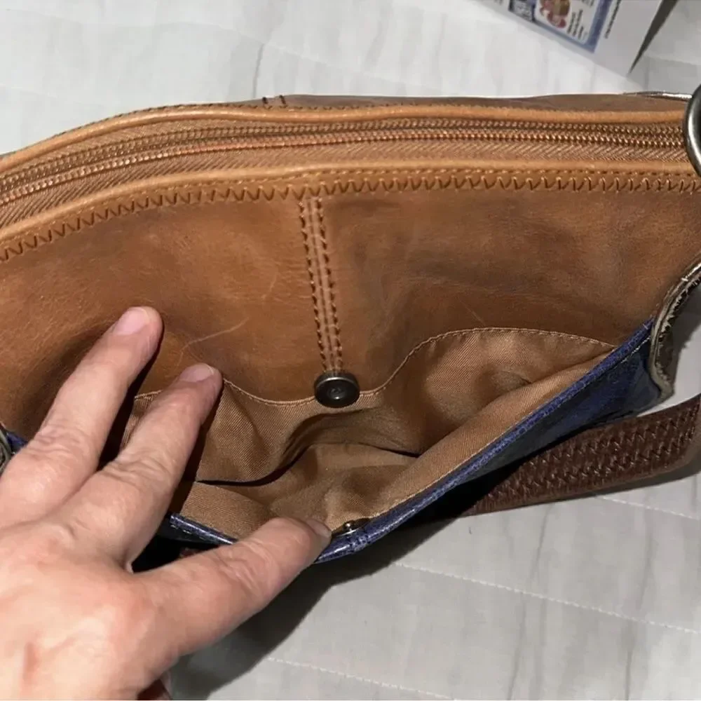 The Sak Blue Brown Gold Trim Genuine Leather Hobo Purse
